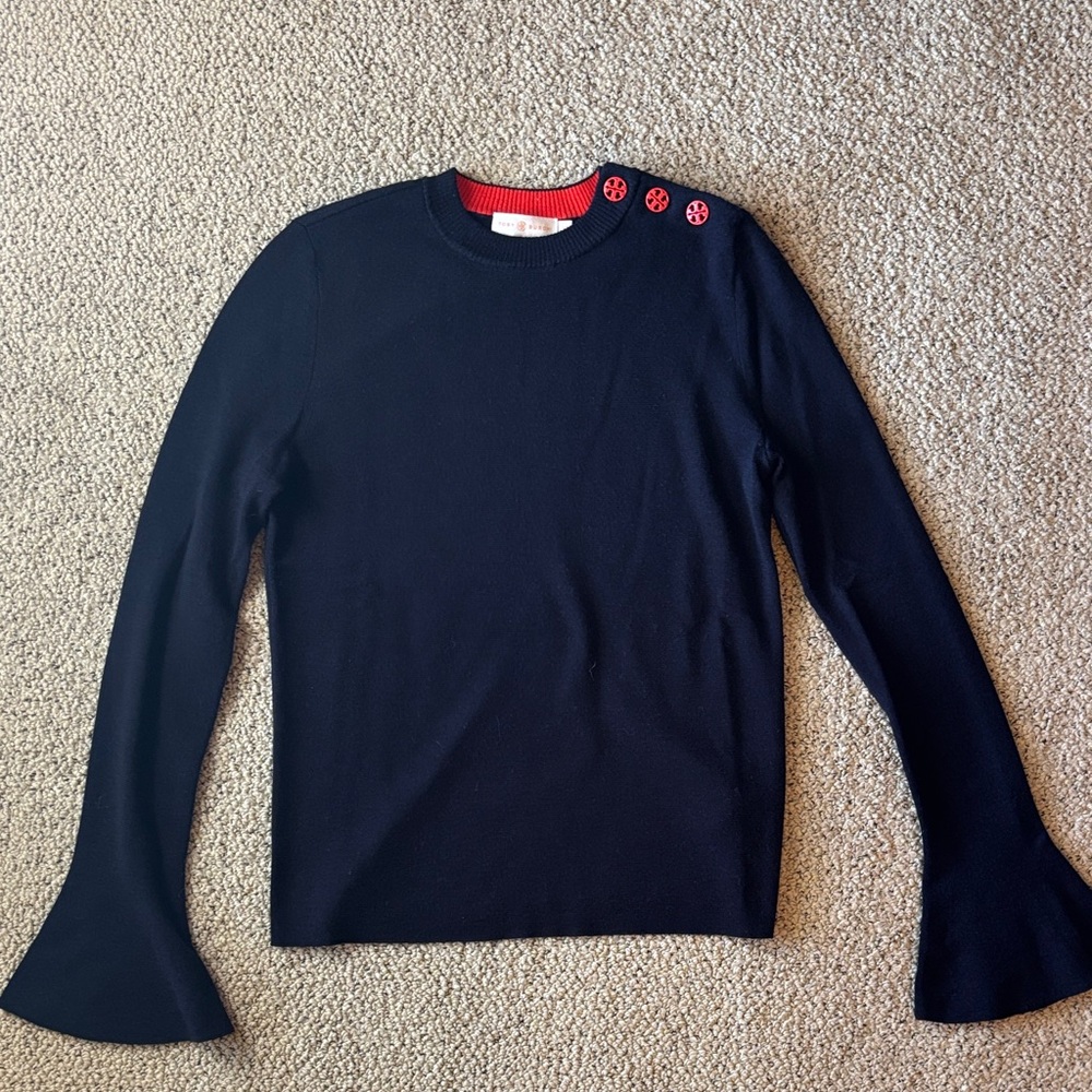 Tory Burch navy bell sleeve sweater